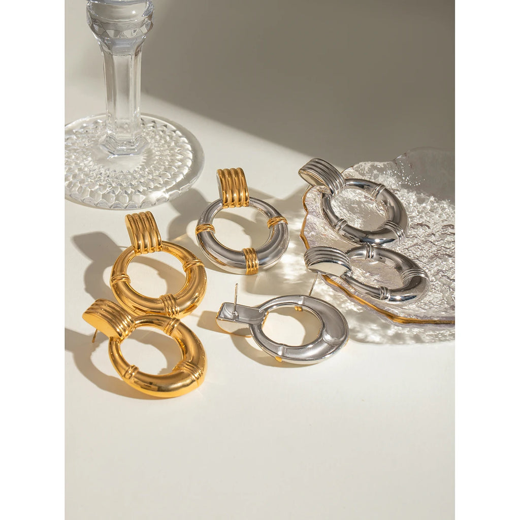 18K PVD Plated Vintage Metal Texture Circle Round Hollow Rib Earrings Stainless Steel Women Prevent Allergy Stylish Jewelry