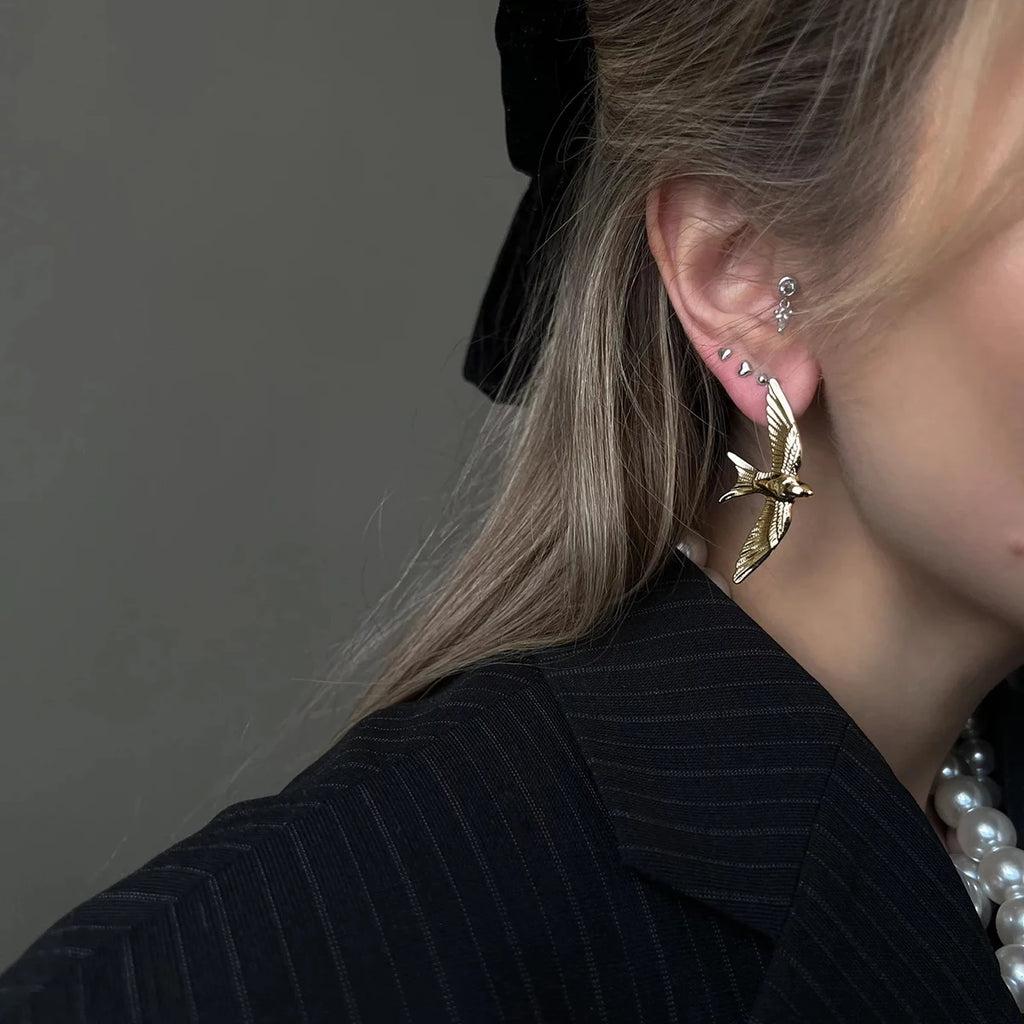 Peace Dove Retro Bird Tassel Earrings Brooch 18K PVD Plated Women Stainless Steel Anti Allergic Rust Proof Stylish Jewelry