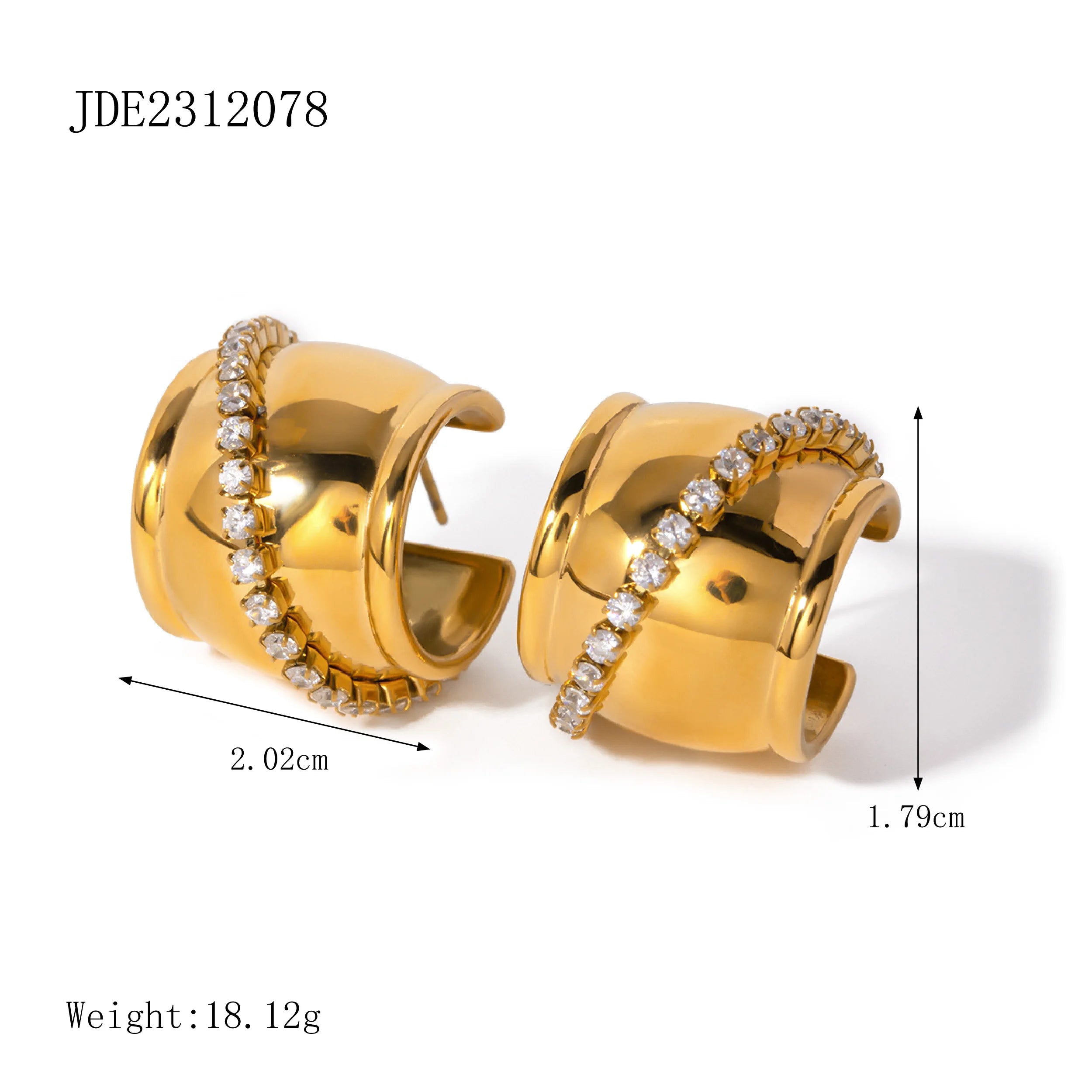 18 karat guldbelagte minimalistiske lette hyggelige C-formede øreringe med diagonale rhinstene Personaliserede smykker i rustfrit stål