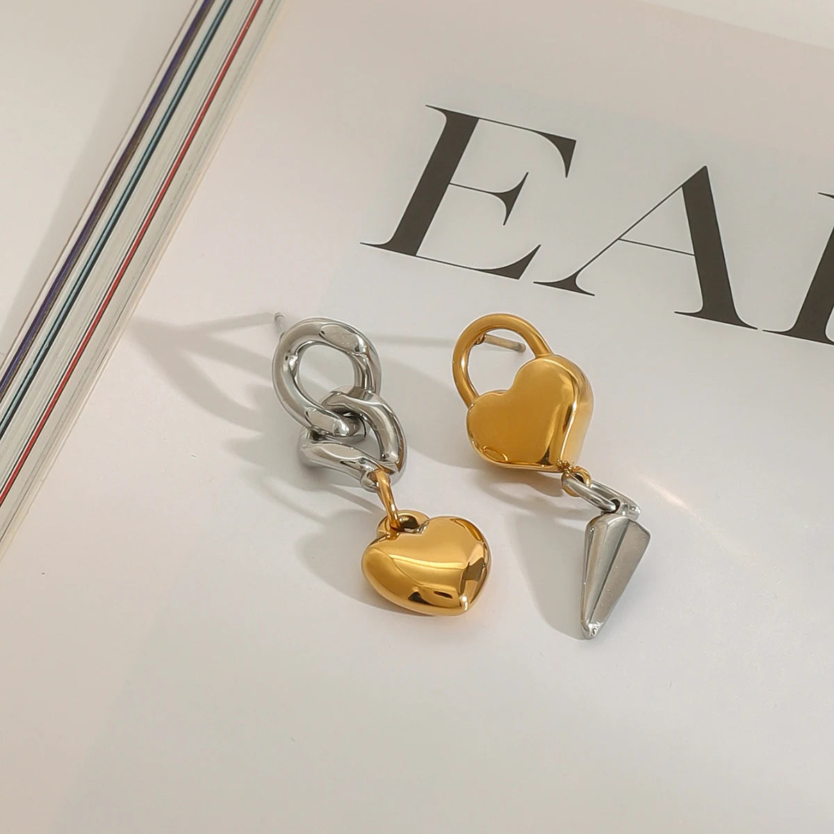 گوشواره‌های زنجیری مخروطی قفل قلب عشق از جنس استیل ضد زنگ با روکش طلای 18 عیار مینیمالیستی برای زنان، جلوگیری از حساسیت، جواهرات جذاب