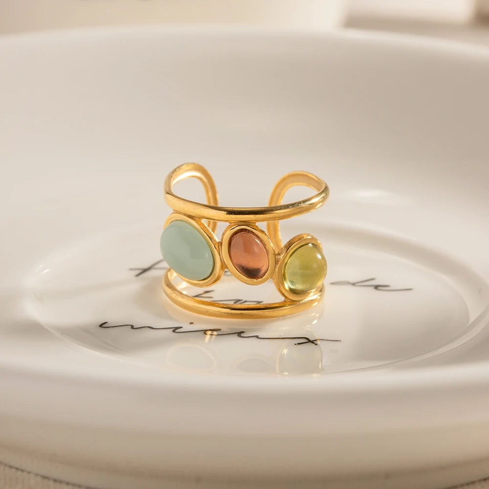 Personality Design Morandi Farbiger Stein Glas Ring Für Frauen Luxus Edelstahl Verstellbar Wasserdicht Doppel-Lagen Schmuck
