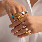 Chunky Sleek 18K Gold Plated High Quality Multi-patterned Inlaid Stone Design Rings Stainless Steel Tarnish Resistant Ring