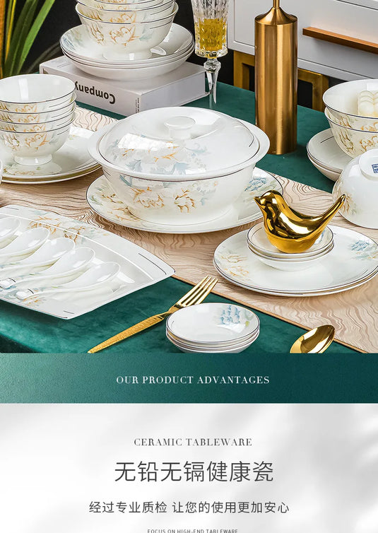 Jingdezhen Bone Porcelain Bowl and Dish Set, Light Luxury Ceramic Tableware Bowl and Chopstick Set