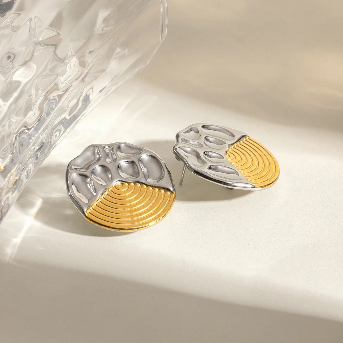 18k forgyldte vintage konkave konvekse uregelmæssige øreringe i rustfrit stål, udsøgte smykker, dame, Bijoux Femme