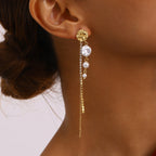 18k Gold Plated Stainless Steel Elegant White Zircon Claw Chain Circular Tassel Earring Women Prevent Allergy Gala Gift