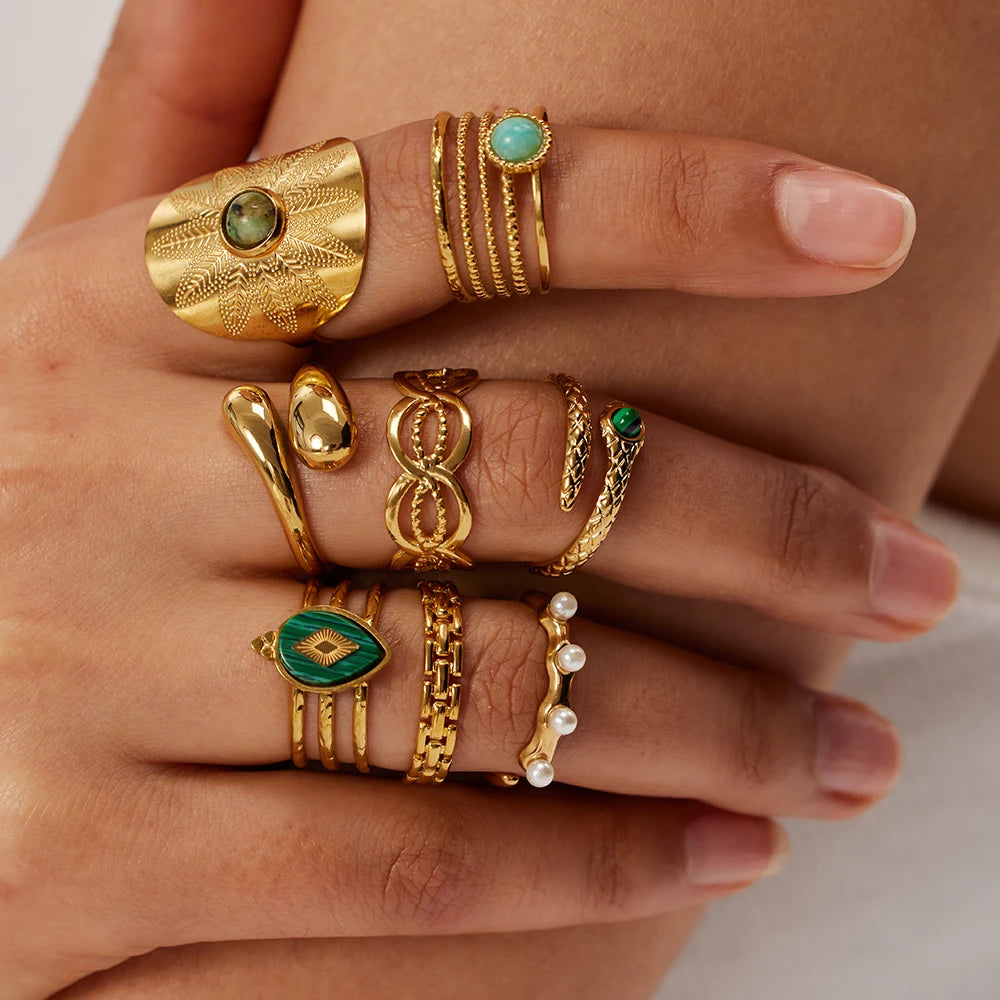 Винтажный классический набор открытых колец из натурального камня для женщин, дам, золотого цвета, из нержавеющей стали, регулируемые украшения, подарок, кольца для женщин