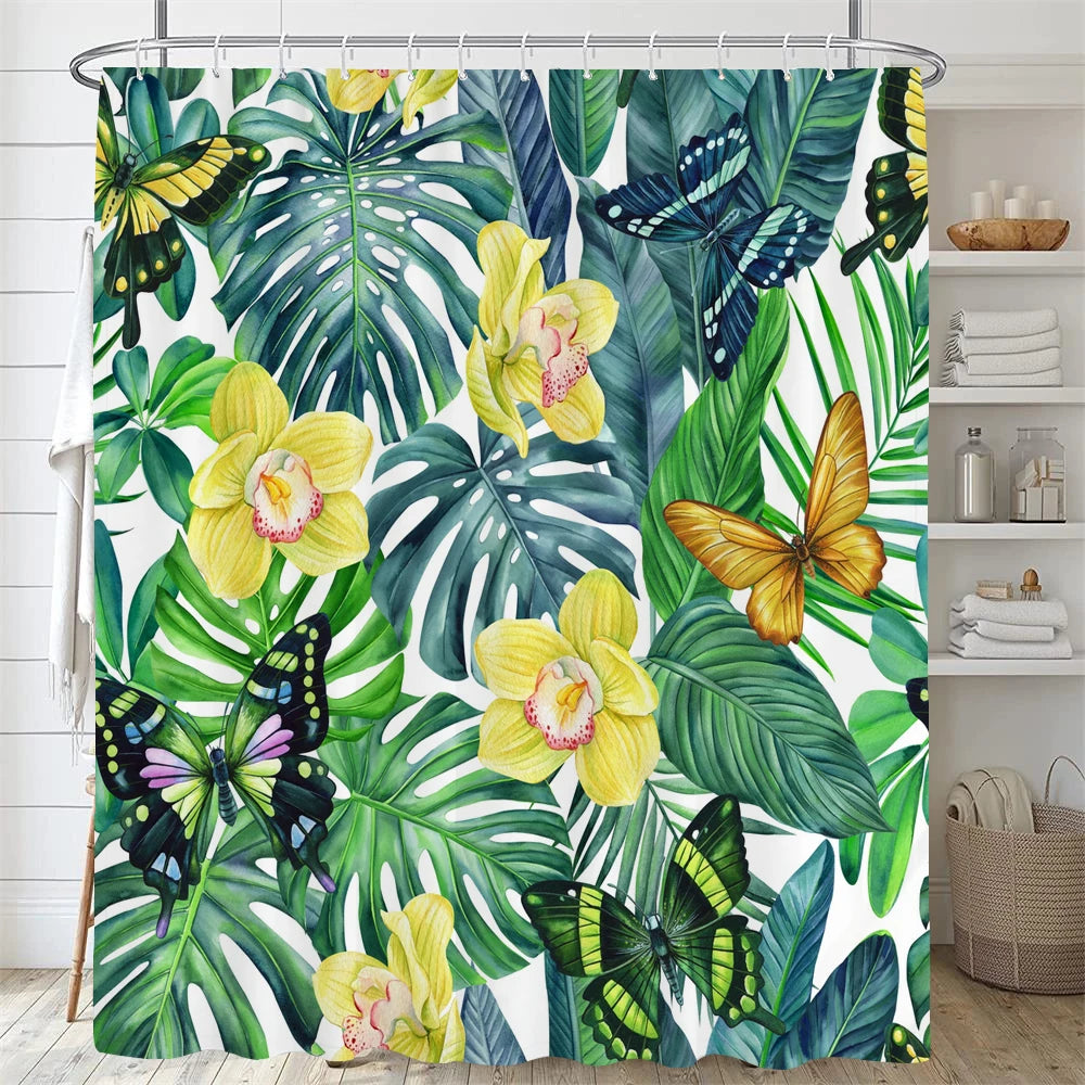 Bathroom Floral Shower Curtain, Retro Flower Farmhouse Flower Plant Butterfly Animal Bohemia, bathtub shower curtain with hooks