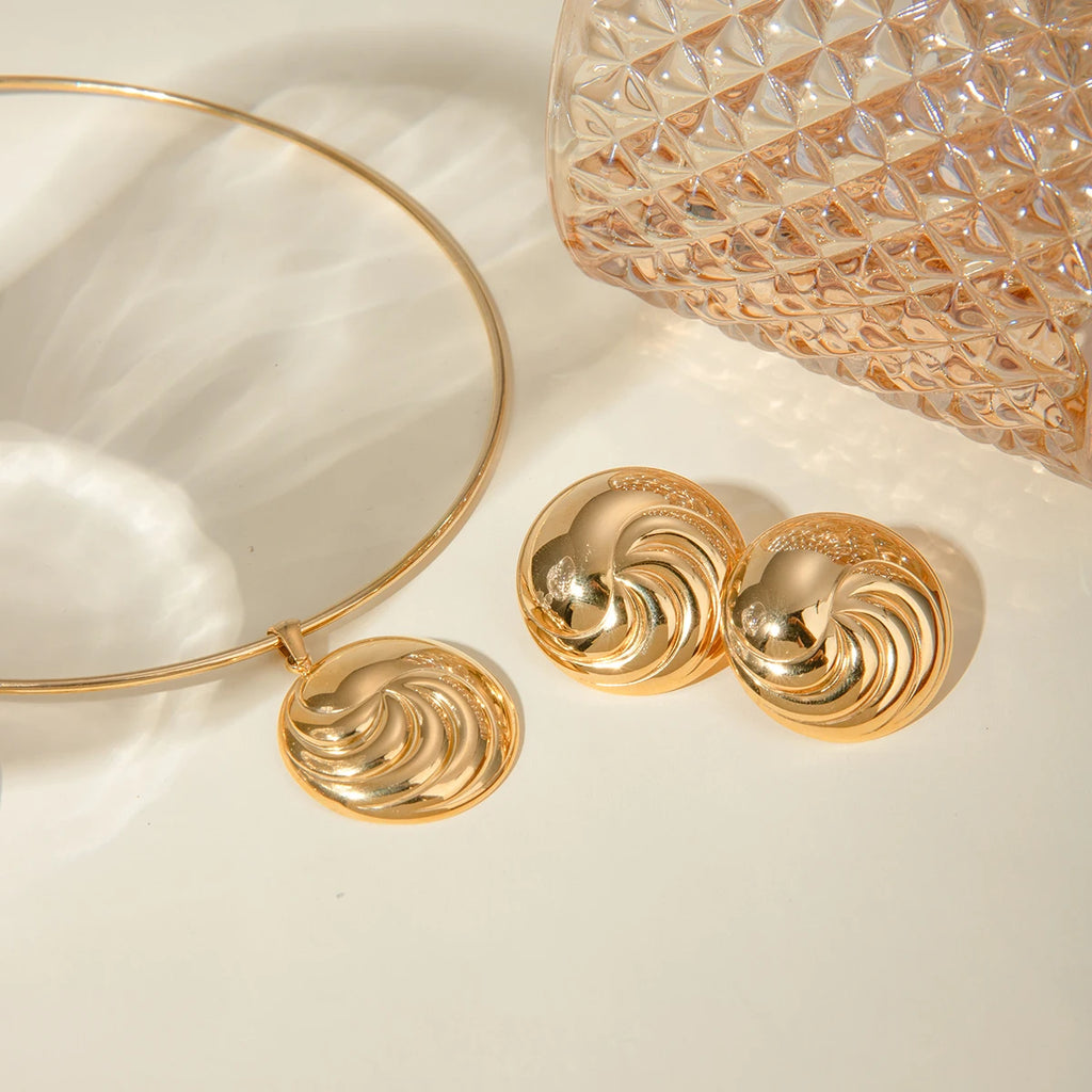 18K Gold Plated Round Convexity Thread Pendant Collar Earring Set Metal Texture Stainless Steel Delicate Charm Stylish Jewelry