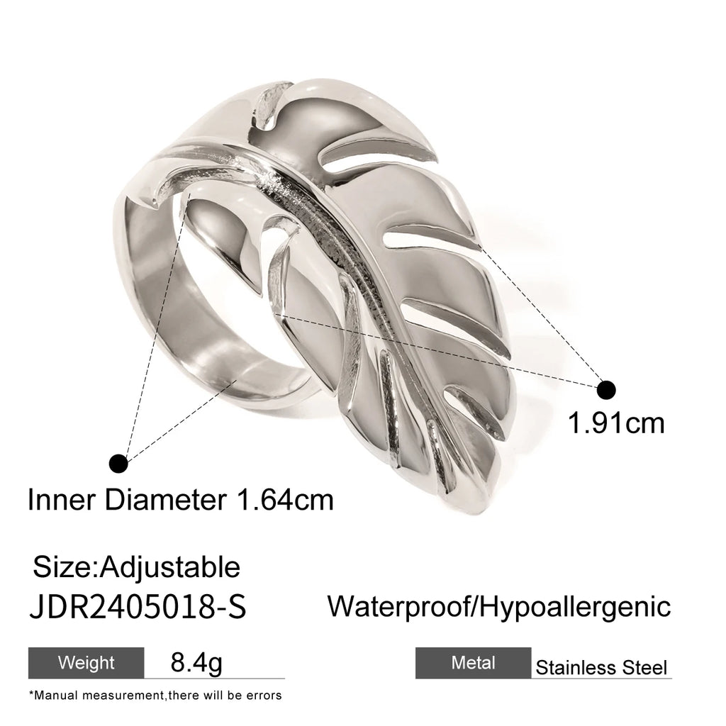 Stylish 18K PVD Plated Stainless Steel Smooth Leaf Feather Open Ring Metal Rust Proof High Quality Statement Jewelry Bijoux