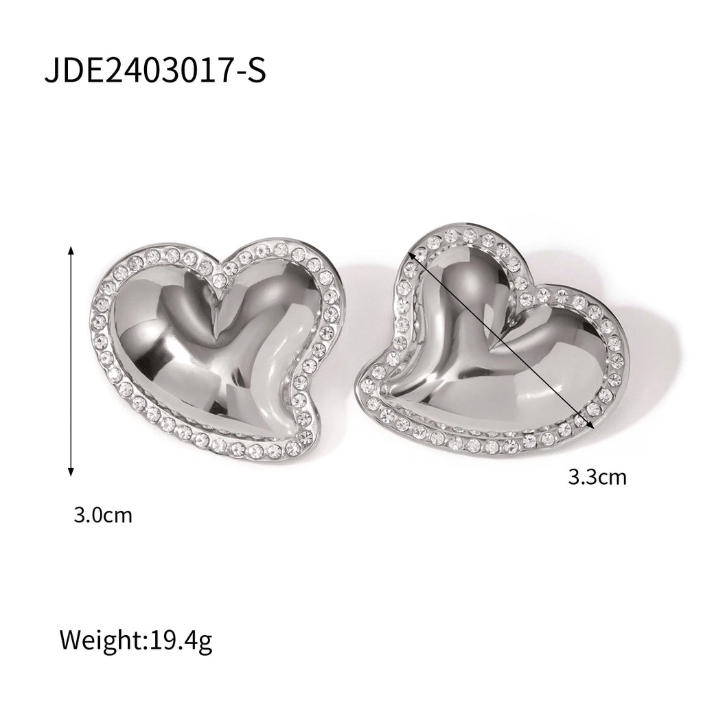 Charm Texture 18K Stainless Steel Metal Rust Proof Smooth Love Heart Stud Earrings Inlay Rhinestone Waterproof Stylish Jewelry