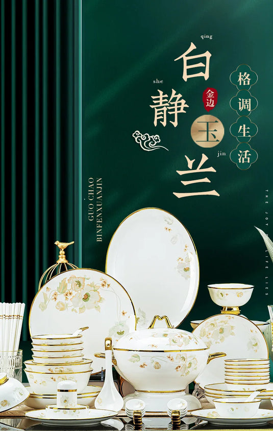 Vaisselle en céramique de Jingdezhen, ensemble de vaisselle en porcelaine d'os de luxe léger, combinaison de bol ménager et d'assiette à baguettes