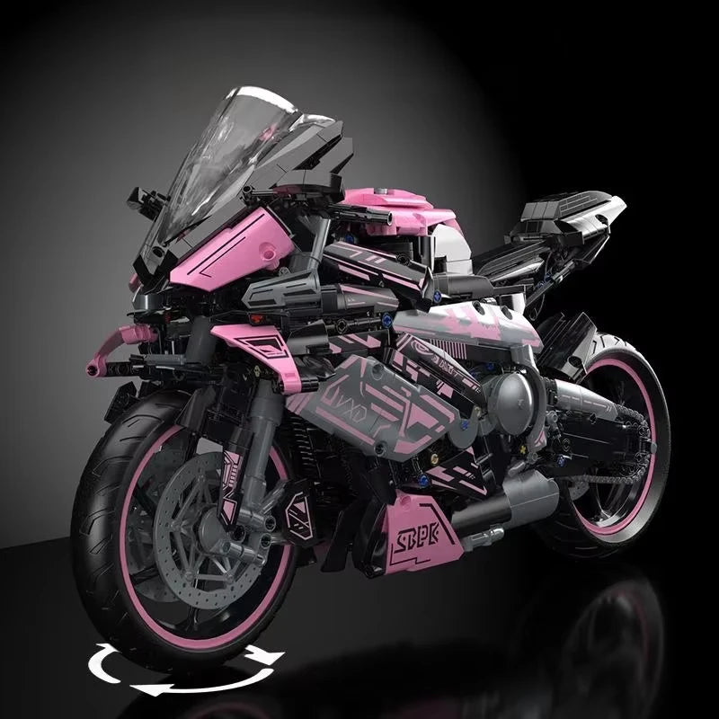 Kbox Pink Motorcycle Racing Building Block Model | 2045PCS Large-Scale Collectible Block Toy | Desktop Decoration