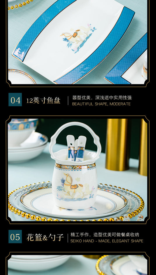 Jingdezhen ceramic tableware,bowl and plate set,household Nordic light luxury gold border bone china tableware