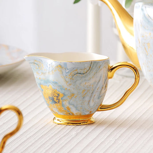 PASTEL European Light Luxury Bone China Coffee Cup and Saucer Set British Ceramic Flower Tea High-End Coffeeware White Blue Marble Afternoon Teaware for Home Living Room High-end Birthday Valentines Mother Father Day Friend Gift