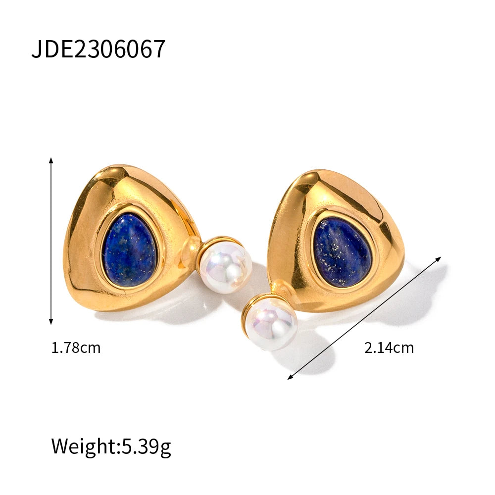 Edelstahl 18k vergoldete minimalistische Dreieck-Ohrstecker mit Lapislazuli besetzt Femme Gala schick stilvoller Schmuck