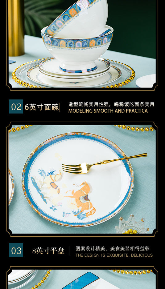 Jingdezhen keramisk service, skål og tallerken sæt, husholdnings nordisk lys luksus guld border bone porcelæn service