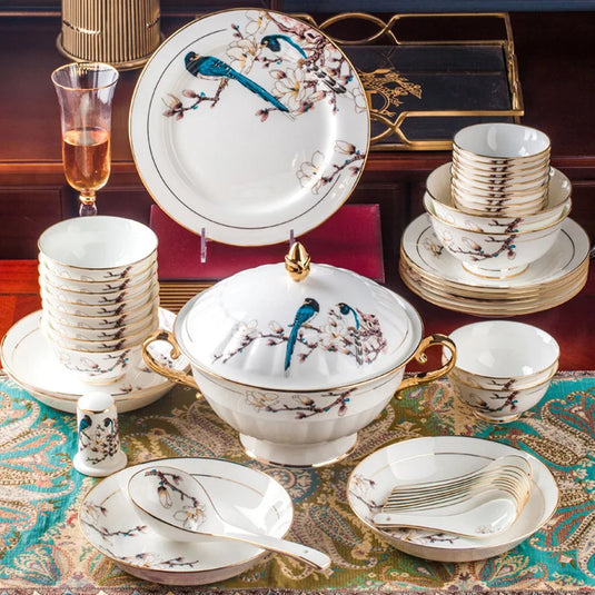 Jingdezhen Ceramic Tableware 10 Personal Tableware Set Gold Painted Household Bowls, Dishes, Bone Porcelain Set