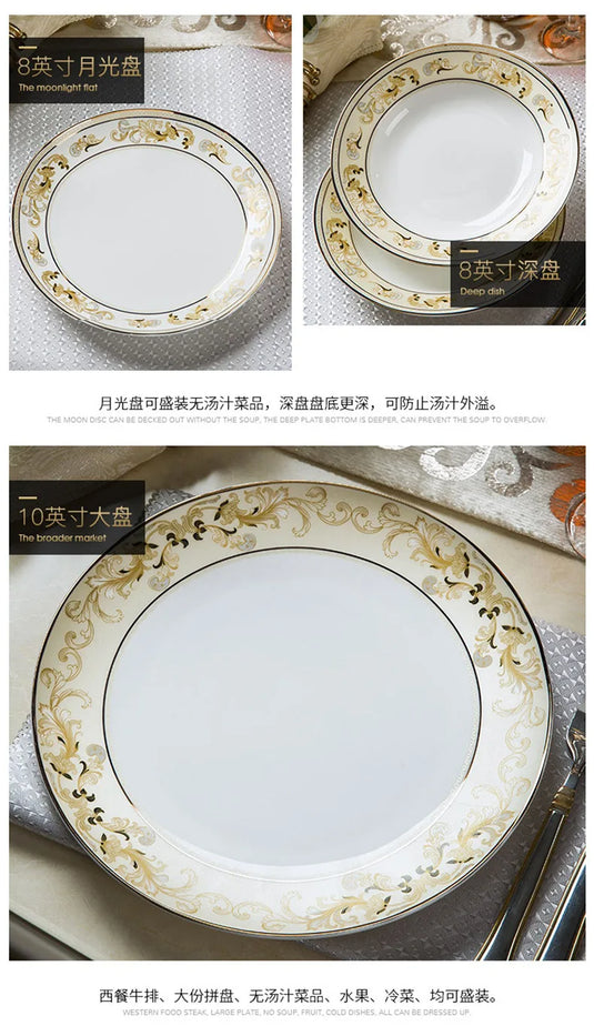 Luxury Tableware Set Golden Bone China Ceramic Plates Dinner Set 58pcs Royal Porcelain Dinnerware