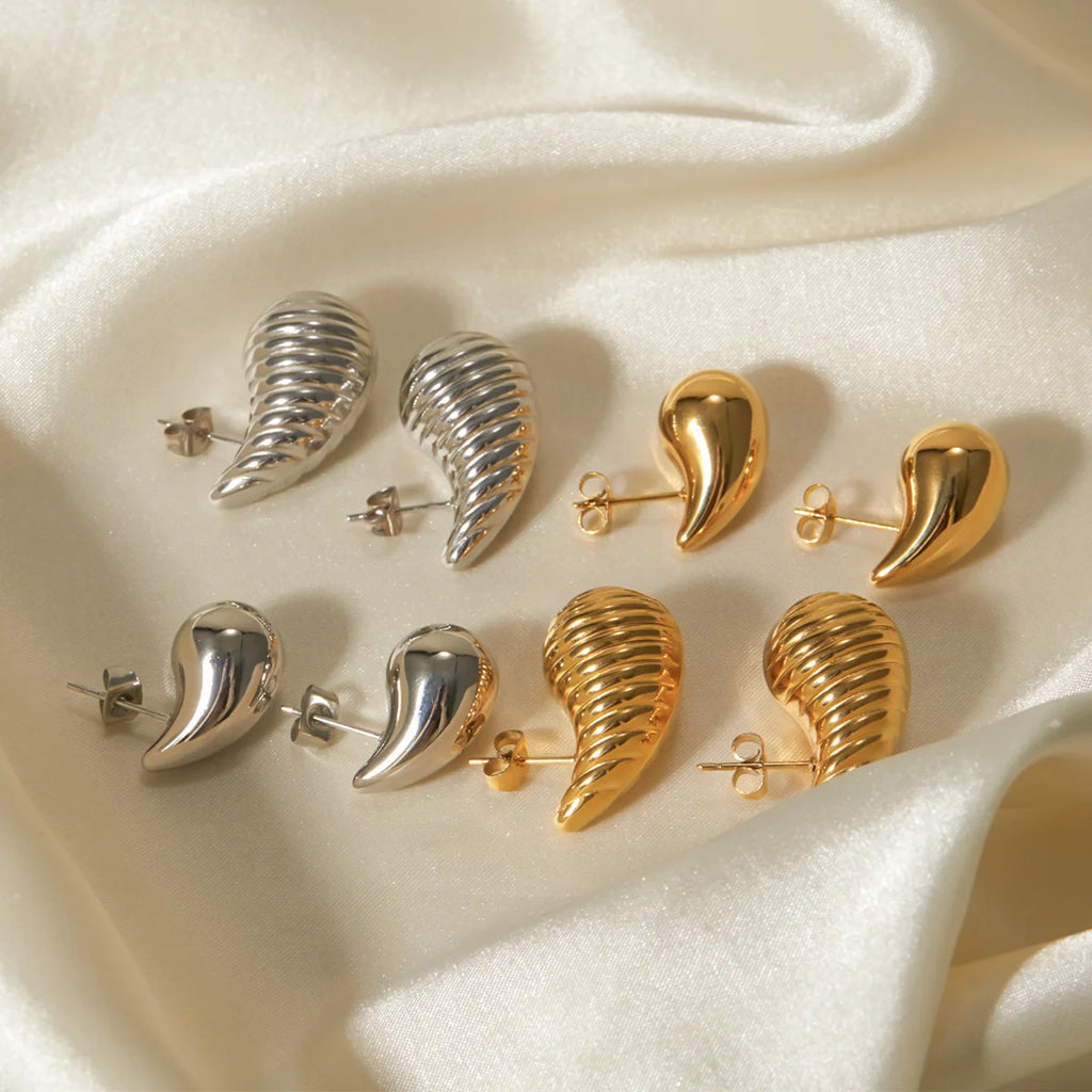 Vintage Popular Stainless Steel Water Drop Shaped Stud Earrings 18K PVD Plated Waterproof Texture Charm Daily Jewelry Gift 2024