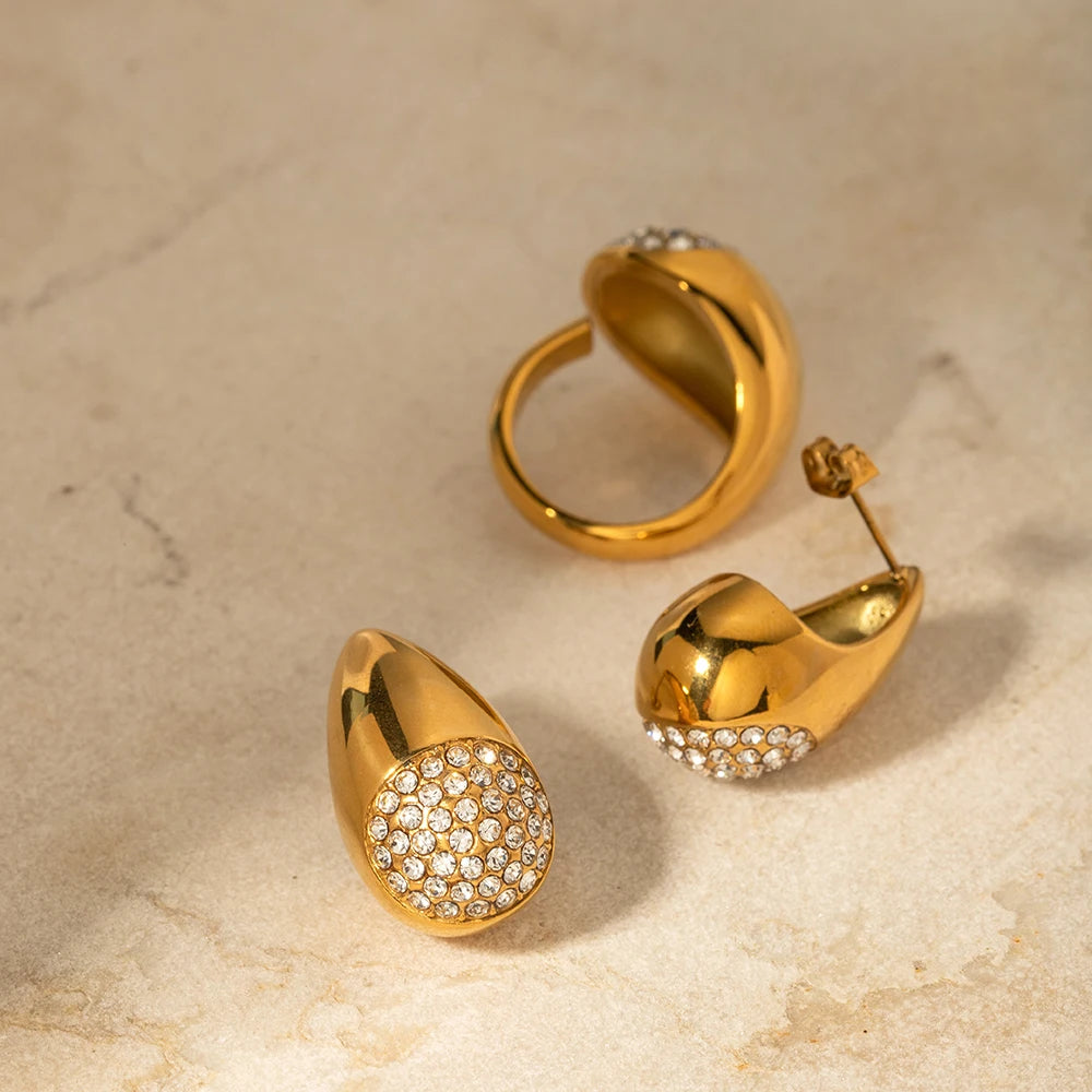 Rustfrit stål 18K forgyldt buttede vanddråbe ørestikker/ringindlæg Rhinestone Damer lette luksus øre/finger smykker