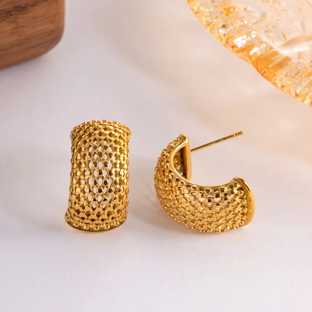 Stainless Steel Mesh Design C Shaped Earrings Metal Golden 18 K Plated Charm Summer Jewelry Waterproof Accessories Bijoux Femme