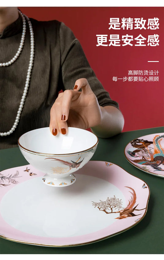 Service de table Jingdezhen, service de vaisselle oiseaux et phénix, luxe léger et haut de gamme pour la maison