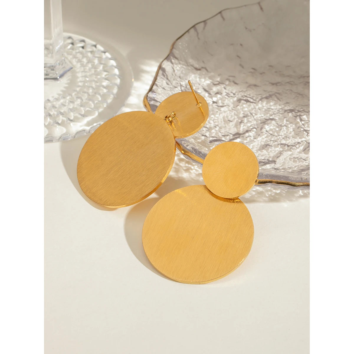 18K guldbelagt anti-allergisk rustfrit stål dobbelt rund børstet effekt øreringe charme daglige udsøgte smykker Bijoux Femme