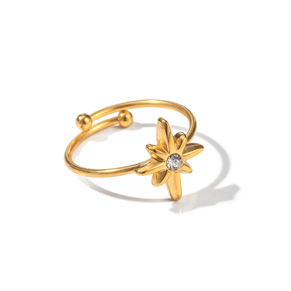 Ny Vintage Octagram Design Sommer 18K guldbelagte smykker Justerbar Rustfrit Stål Vandtæt Ring Til Damer Smykker Gave