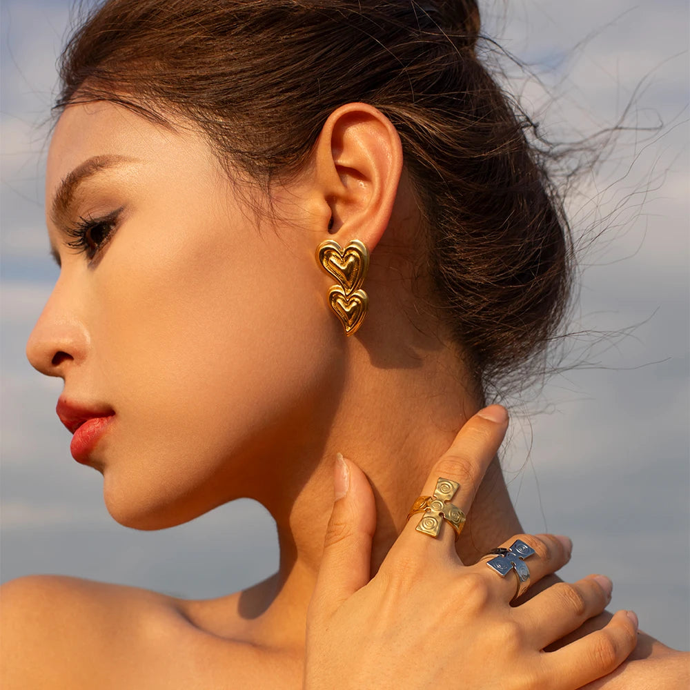 Double Heart Shaped Stainless Steel 18K Gold Plated Liquid Hammer Grain Half-3D Earrings Light Luxury Tarnish-proof Jewelry - Grand Goldman
