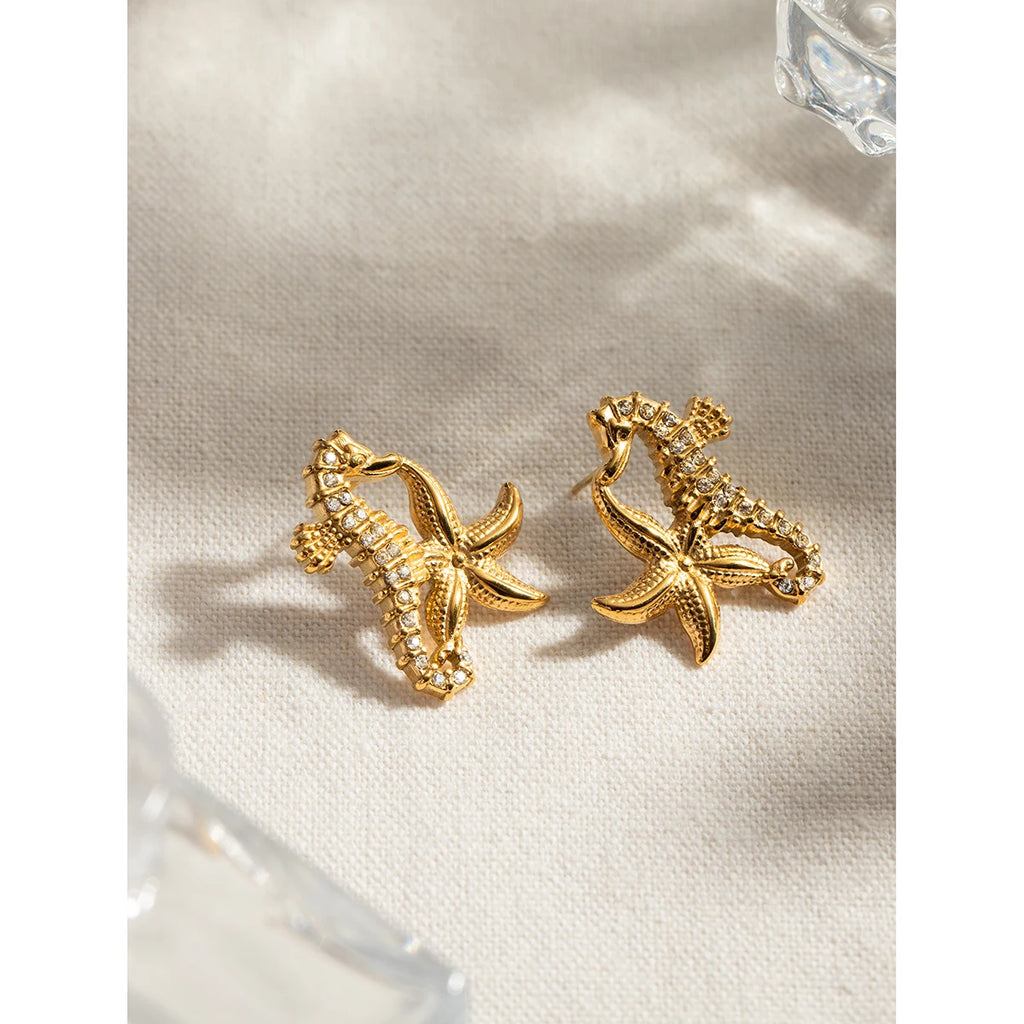 Orecchini in acciaio inossidabile semplici con cavalluccio marino, stella marina, pezzo unico, strass, metallo anti-allergico, gioielli placcati in oro 18K PVD Bijoux