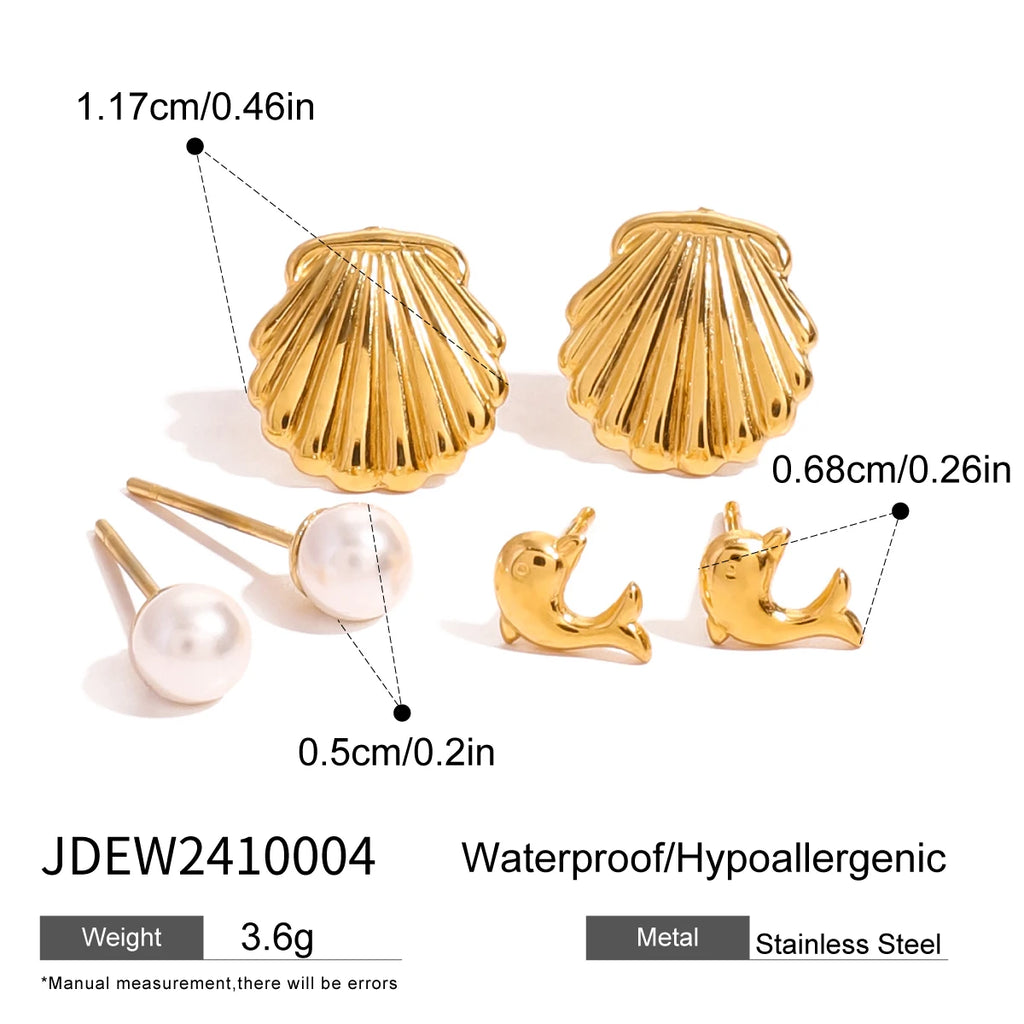 3 par pr. kort rustfrit stål delfinperleribbede skaløreringe 18K rustfrit stål højkvalitets damesmykker Bijoux
