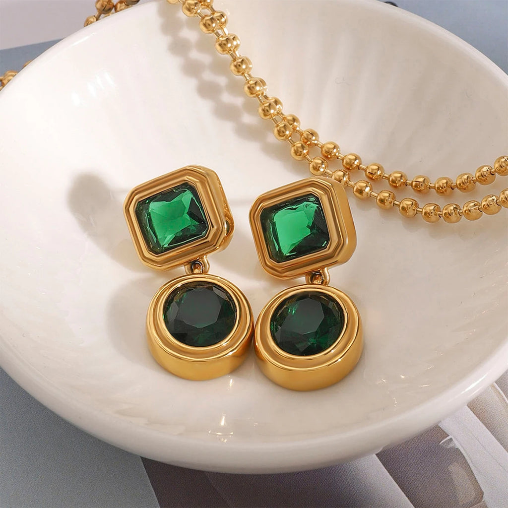 18k vergoldeter Edelstahl Hochwertige grüne Zirkon geometrische Ohrringe Verhindern Allergien Temperament Mode Charme Schmuck