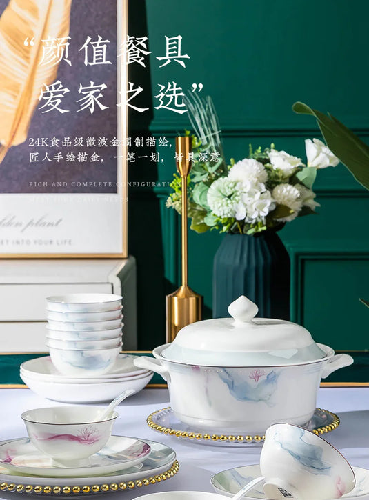 Jingdezhen Ceramic Bowl and Dish Set, Bone Porcelain Bowl and Chopstick Household Tableware Set