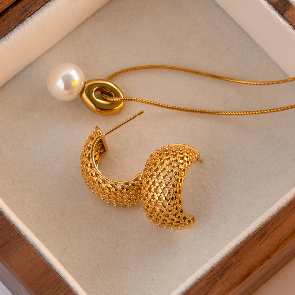 Stainless Steel Mesh Design C Shaped Earrings Metal Golden 18 K Plated Charm Summer Jewelry Waterproof Accessories Bijoux Femme
