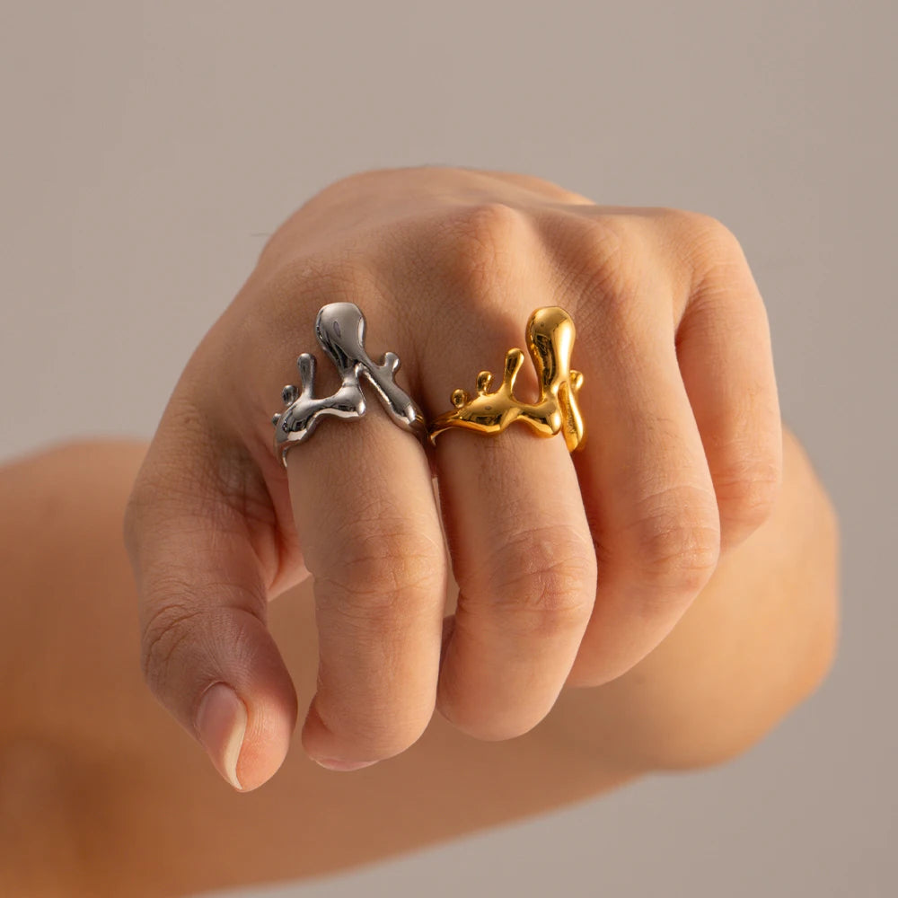 Edelstahl Unregelmäßiger Geometrischer Flüssiger Schmelz Offener Ring 18K Gold PVD Beschichtet Glatt Trendiger Modischer Charme Ring Für Frauen