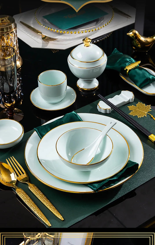 Jingdezhen tableware set, hotel tableware, dishes, gifts, handmade gilt edged dining plates, household dining plates