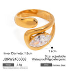 18K Gold Plated Stainless Steel Big Opening Ring Inlay Water Drop Shaped Zircon Anti Allergic Metal Statement Jewelry Women
