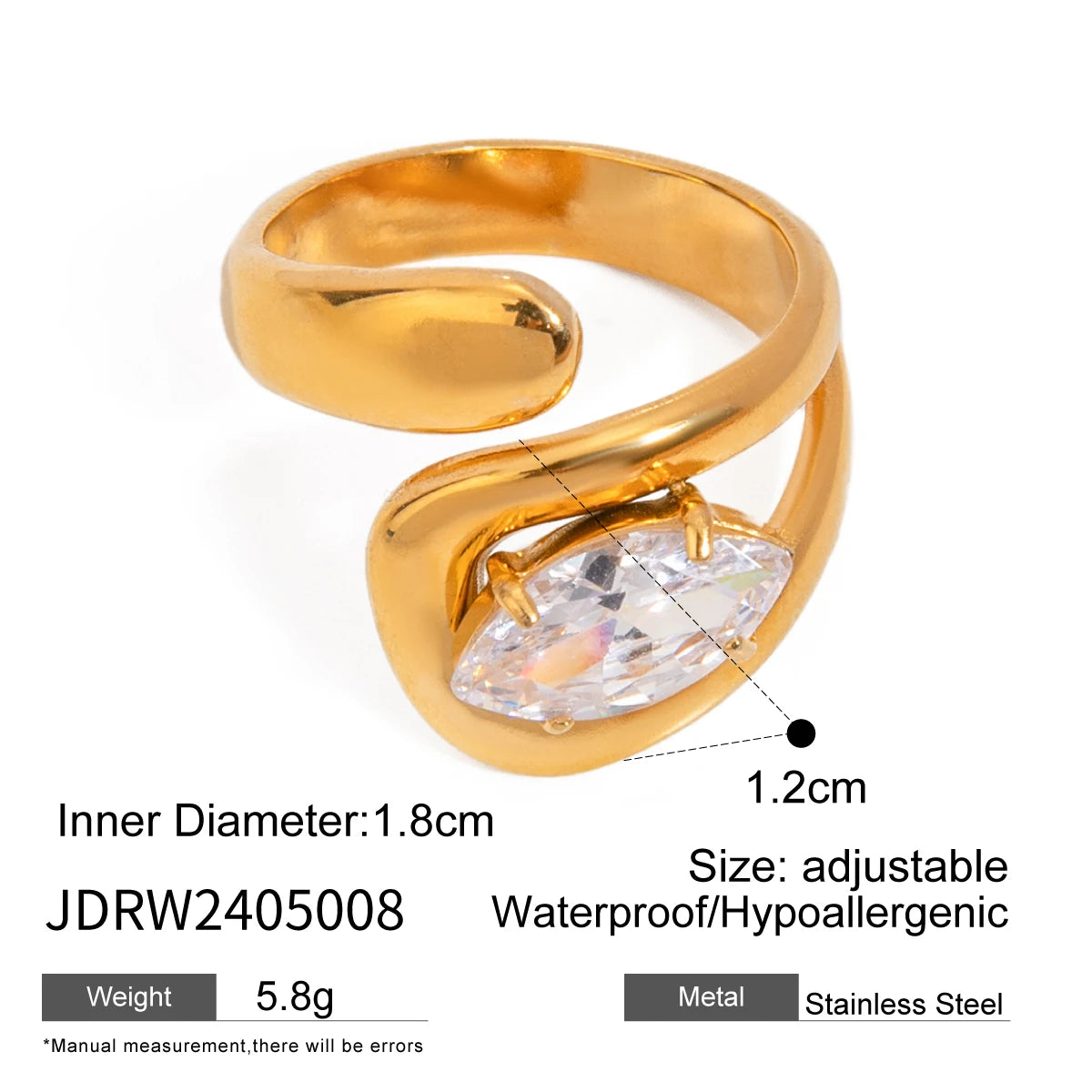18K Gold Plated Stainless Steel Big Opening Ring Inlay Water Drop Shaped Zircon Anti Allergic Metal Statement Jewelry Women