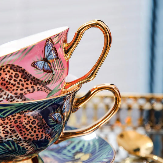 RICK MEIDAO Hand-Painted Creative Pink Bone China Mug with Gold Handles - Leopard Forest Design Ceramic Coffee Cup Ideal Gift Light Luxury 200ml Capacity Perfect for Tea Coffee Milk Water Elegant Drinkware Southeast Asia