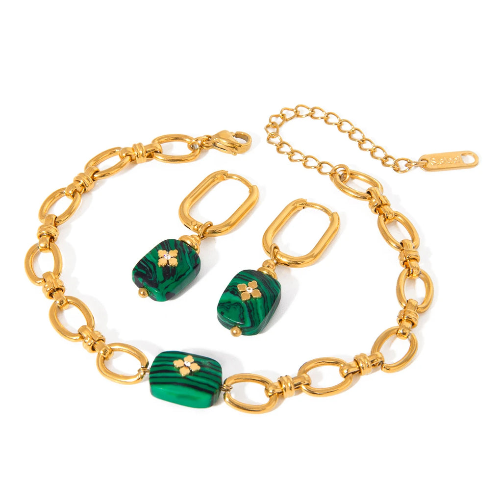 Malachit Anhänger Ohrringe Armband Edelstahl Metall 18K Gold PVD-beschichtet Damen Allergievorbeugend Attraktiver Schmuck