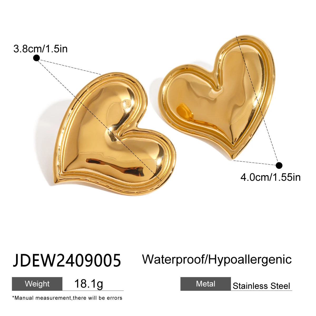 Waterproof 18k Stainless Steel Chubby Lobe Heart Glossy Earrings Metal High Quality Fashion Statement Jewelry Women Gala Gift