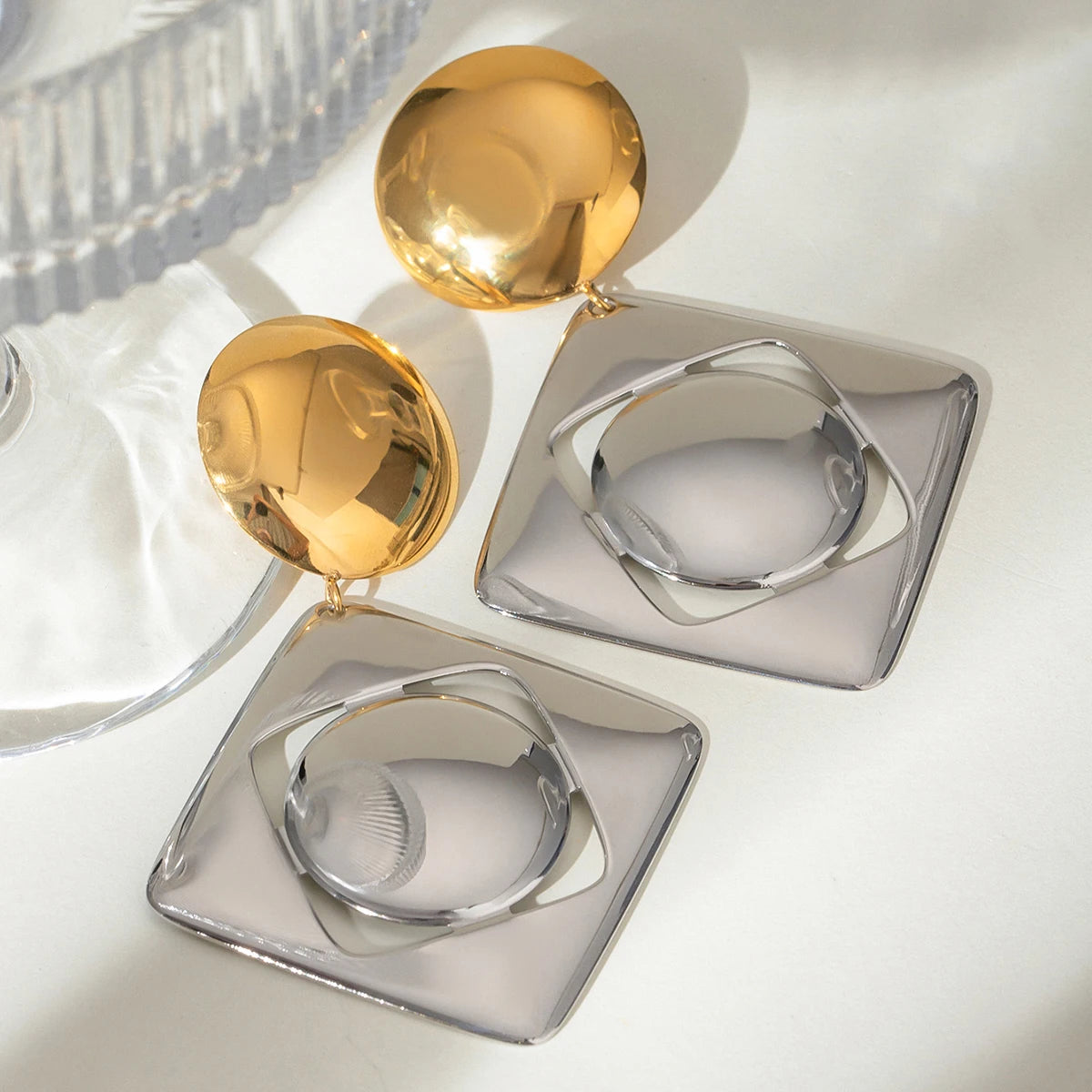 Brincos de Pingente Quadrado Oco de Cor Correspondente Lisa em Aço Inoxidável 18K para Mulheres, À Prova de Ferrugem, Joias da Moda, Bijuterias para Gala, Presente