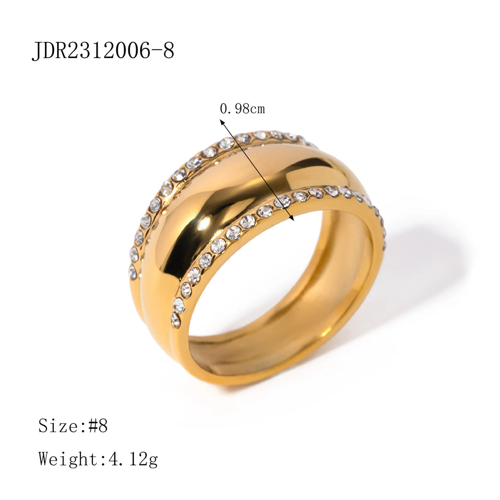 Anillo liso de cierre minimalista de acero inoxidable con incrustación de piedra de imitación, chapado en oro de 18k, a prueba de óxido, previene alergias, joyería de encanto de moda.
