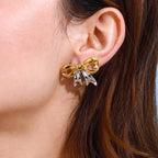 Kreative 18k vergoldete Edelstahl-Ohrringe mit gold-silberfarbenem Blockdesign und Schleife für Damen, personalisiert, rostfrei, stilvoller Schmuck