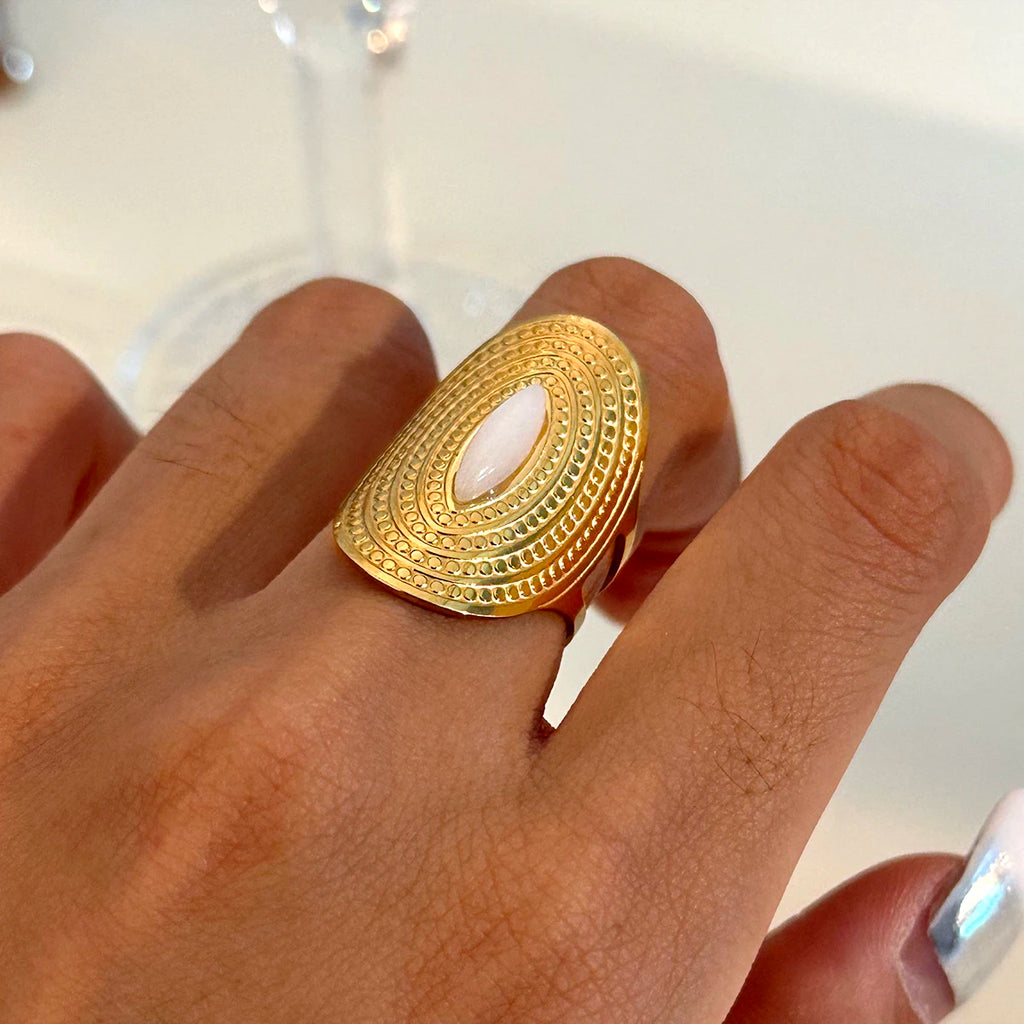 Trendy Horse Eye White Jade Oval Opening Ring Stainless Steel Metal 18K PVD