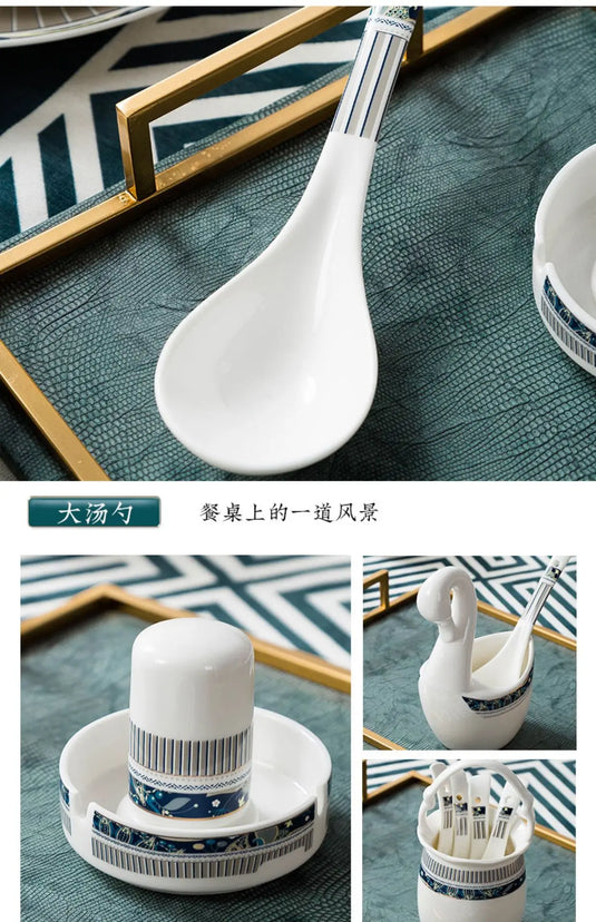 Coffret cadeau de vaisselle en céramique peinte à la main de luxe bleu glacier Jingdezhen Ensemble de bols et de baguettes en porcelaine de Chine chic