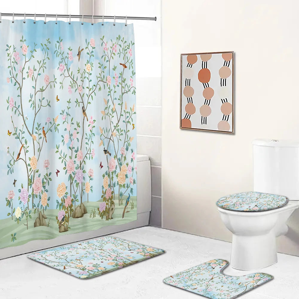 Chinese style Flowers and Birds Waterproof Shower Curtain Set Toilet Seat Cover Bath Non-Slip Mat Rug Carpet Bathroom Decor