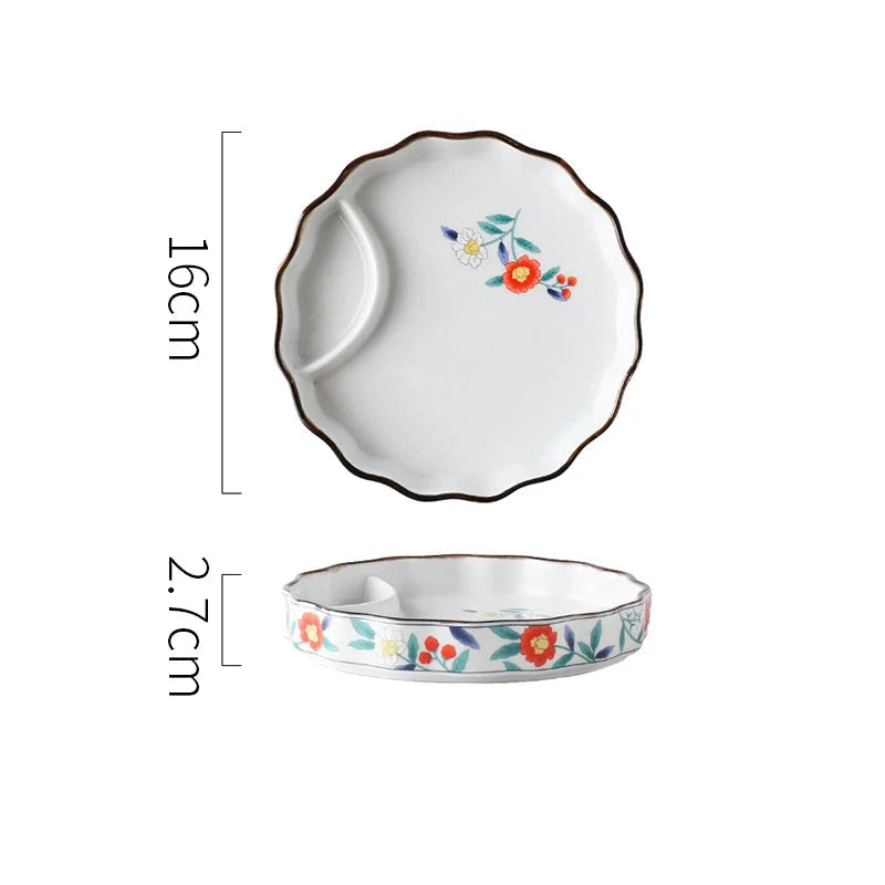 SAMURAI Authentic Japanese Dumpling Plate Hand Painted Sushi Tray Floral Ceramic Split Dish Sauce Vinegar Snack Salad Restaurant Rectangular Flower Flat Platter Asian Inspired Dining Tableware - Grand Goldman