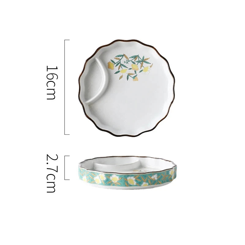 SAMURAI Authentic Japanese Dumpling Plate Hand Painted Sushi Tray Floral Ceramic Split Dish Sauce Vinegar Snack Salad Restaurant Rectangular Flower Flat Platter Asian Inspired Dining Tableware - Grand Goldman