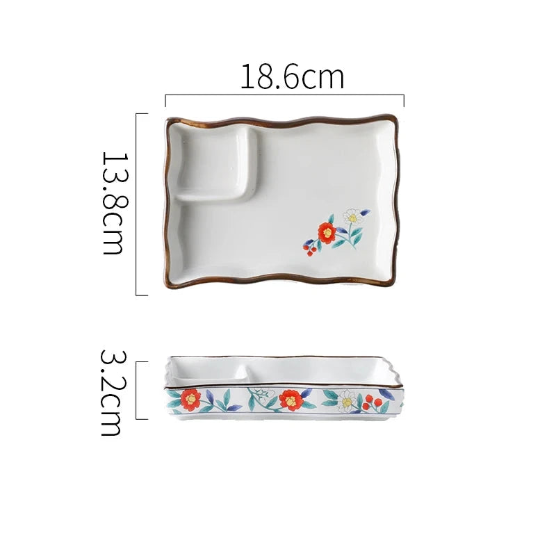 SAMURAI Authentic Japanese Dumpling Plate Hand Painted Sushi Tray Floral Ceramic Split Dish Sauce Vinegar Snack Salad Restaurant Rectangular Flower Flat Platter Asian Inspired Dining Tableware - Grand Goldman
